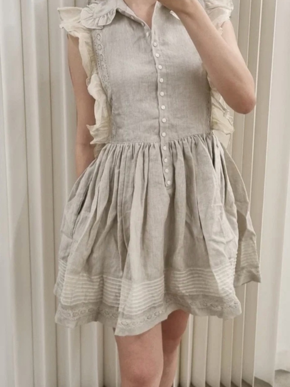 Linen-Blend Cream Ruffle Mini Dress with Button Front - Picture 4 of 7